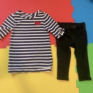 Baby Old Navy fleece outfit striped dress with red heart and pants.